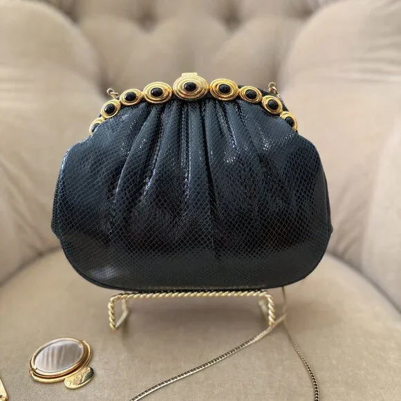 VTG Auth JUDITH LEIBER Genuine Karung Lizard Black Convertible Minaudiere Bag - Picture 2 of 9